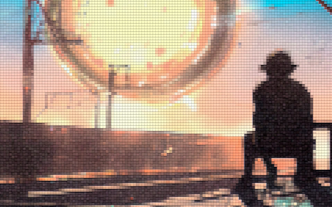 New song Halo, grimy man waiting for the train. Artwork for a Grunge, Alternative Rock, Hard Rock song.